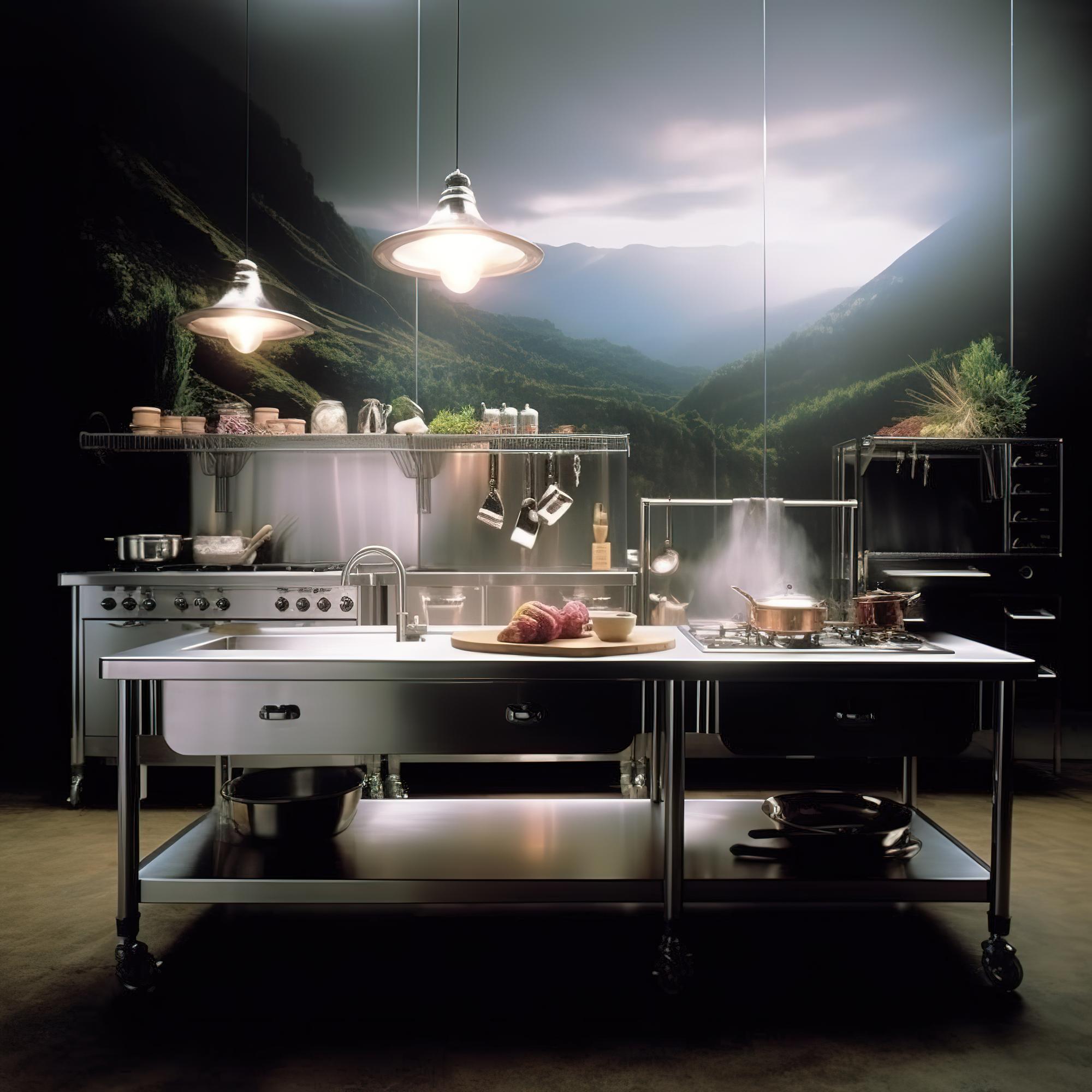 Studio kitchen with modular stations and stainless tools