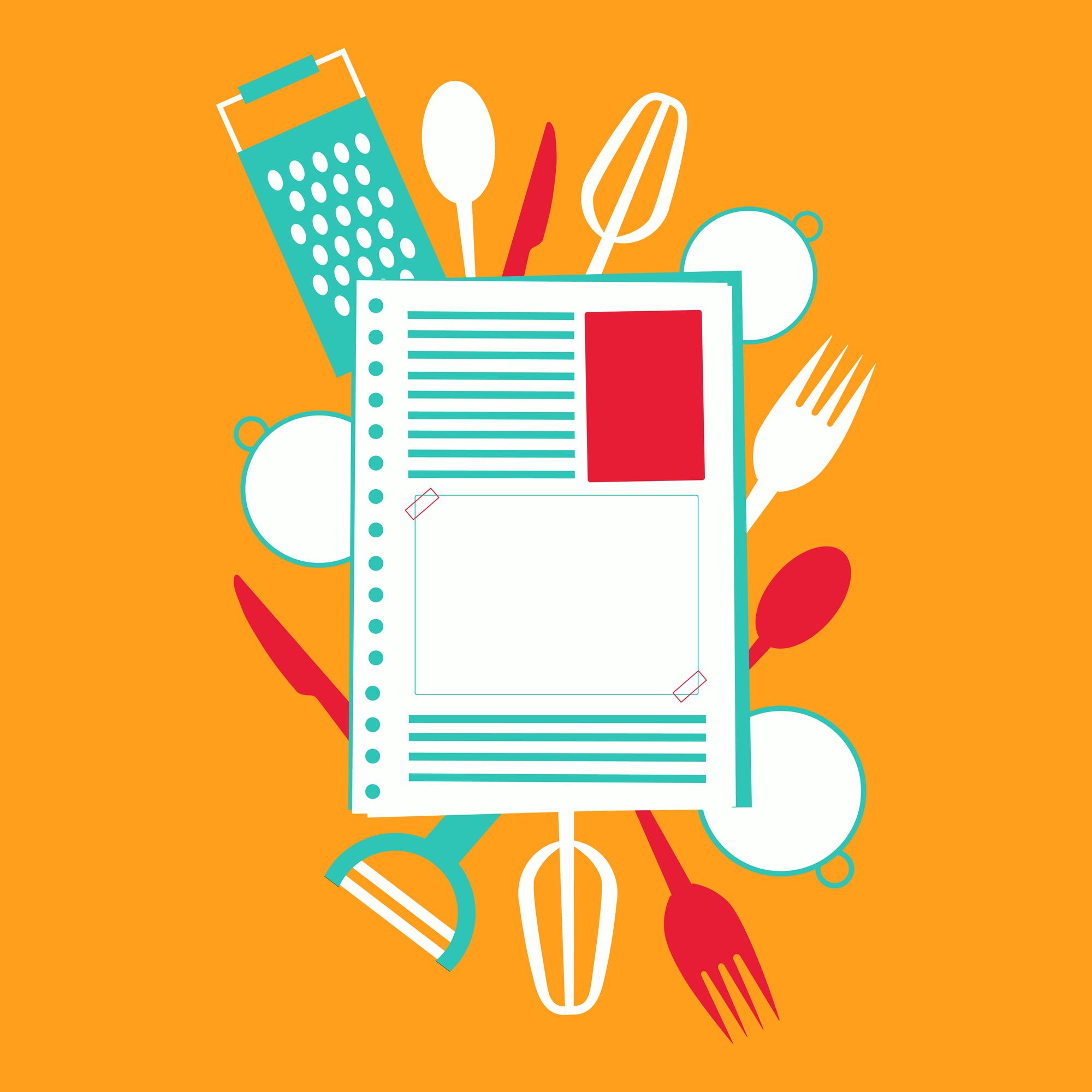 Stacked recipe cards and culinary tools